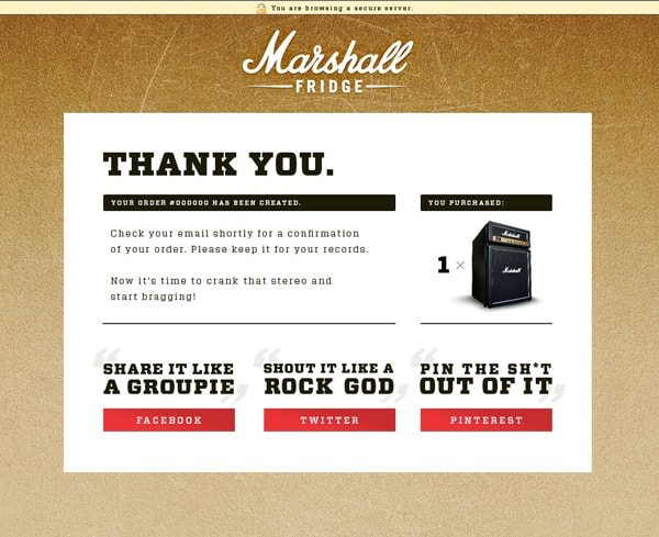 Pagina di ringraziamento dopo l'inoltro di un ordine - Marshall Fridge